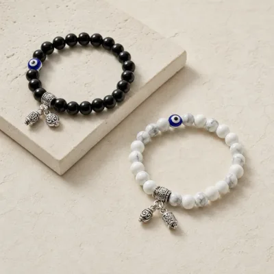 Pulseira de Contas com Motivo de Olho — 10 Modelos — A — Preto