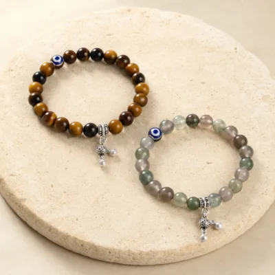 Pulseira de Contas com Motivo de Olho — 10 Modelos — D — Cinzento e verde suave