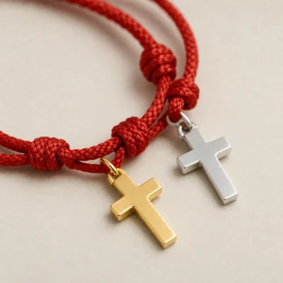 Detalhe do cordão vermelho, dos nós e das cruzes em dois acabamentos