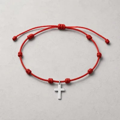 Tornozeleira de Cordão Vermelho com Cruz — 2 Acabamentos — B — Cruz de aspeto prateado