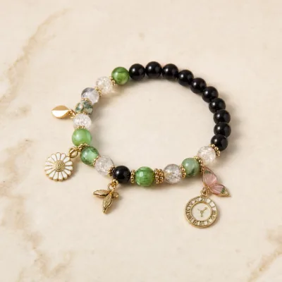 Pulseira de Contas Multicolor com Pendentes — 4 Modelos — A — Preto e verde