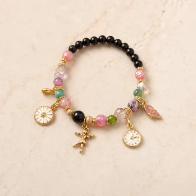 Pulseira de Contas Multicolor com Pendentes — 4 Modelos — B — Preto e rosa