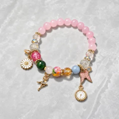 Pulseira de Contas Multicolor com Pendentes — 4 Modelos — C — Rosa multicolor