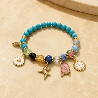 Pulseira de Contas Multicolor com Pendentes — 4 Modelos — D — Azul multicolor