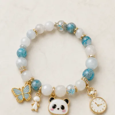 Pulseira de Contas com Panda e Pendentes — 6 Modelos — A — Azul-claro e branco