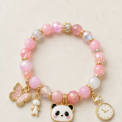 Pulseira de Contas com Panda e Pendentes — 6 Modelos — B — Rosa