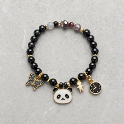 Pulseira de Contas com Panda e Pendentes — 6 Modelos — E — Preto