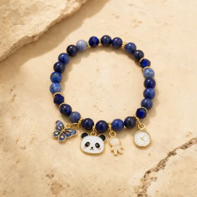 Pulseira de Contas com Panda e Pendentes — 6 Modelos — F — Azul profundo