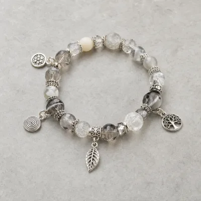 Pulseira de Contas Multicolor com Pendentes Prateados — 4 Modelos — B — Cinzento e transparente