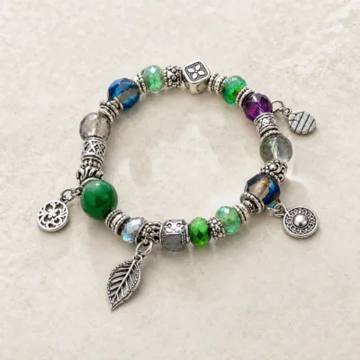Pulseira de Contas Multicolor com Pendentes Prateados — 4 Modelos — D — Verde e azul multicolor
