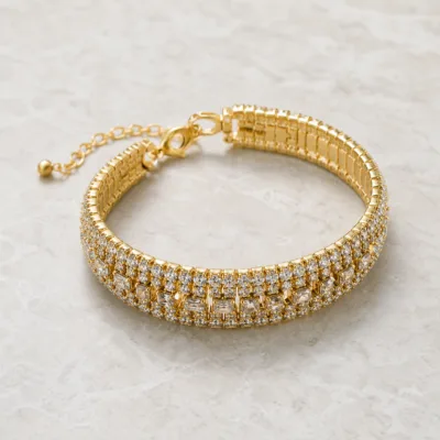 Pulseira Larga com Elementos Facetados — 2 Modelos — A — Dourado