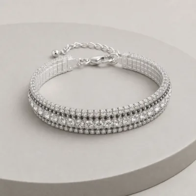 Pulseira Larga com Elementos Facetados — 2 Modelos — B — Prateado