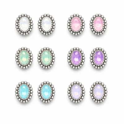 Brincos de cristal oval pastel 85176-01-2 — seis cores em fundo branco