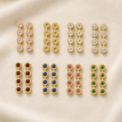 Brincos Compridos com Quatro Elementos Redondos — 8 Modelos — A — Dourado multicolor