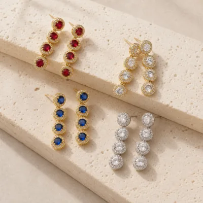 Brincos Compridos com Quatro Elementos Redondos — 8 Modelos — E — Dourado multicolor