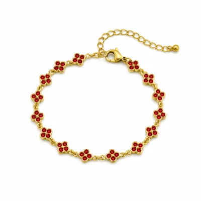 Pulseira Dourada com Flores de Cristal Vermelho em fundo branco