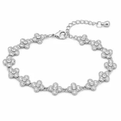Pulseira Prateada com Flores de Cristal em fundo branco