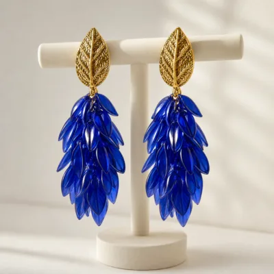 Brincos Compridos com Folhas em Cascata — 6 Cores — B — Azul profundo