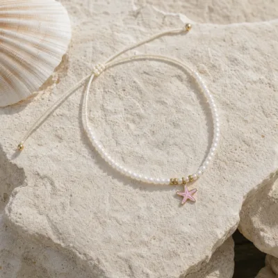 Tornozeleira de Pérolas com Estrela-do-Mar — 4 Cores — A — Rosa