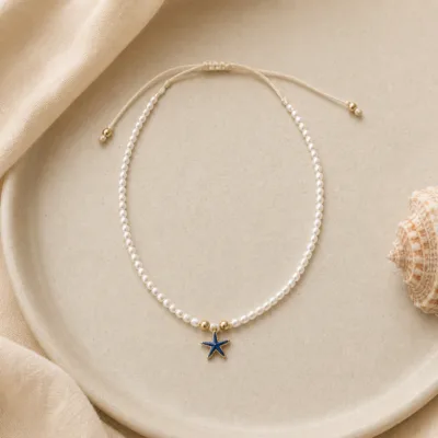Tornozeleira de Pérolas com Estrela-do-Mar — 4 Cores — D — Azul