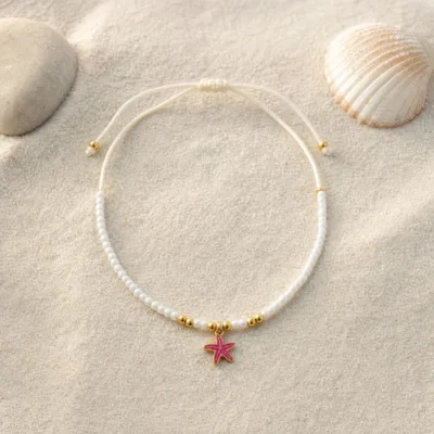 Tornozeleira de Pérolas com Estrela-do-Mar — 4 Cores — A — Rosa