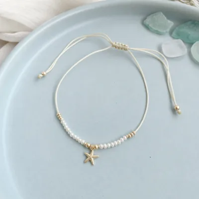 Tornozeleira de Pérolas com Estrela-do-Mar — 4 Cores — C — Champanhe