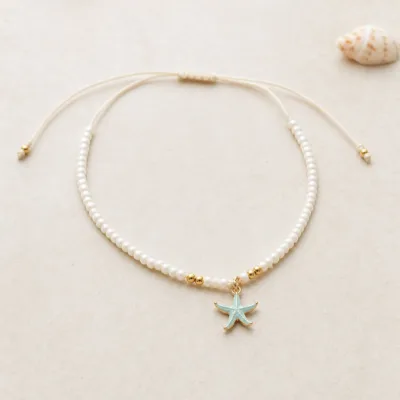 Tornozeleira de Pérolas com Estrela-do-Mar — 5 Cores — B — Verde menta