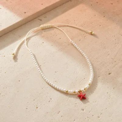Tornozeleira de Pérolas com Estrela-do-Mar — 5 Cores — C — Vermelho coral