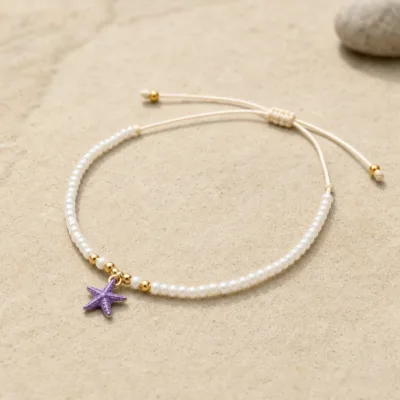 Tornozeleira de Pérolas com Estrela-do-Mar — 5 Cores — D — Roxo