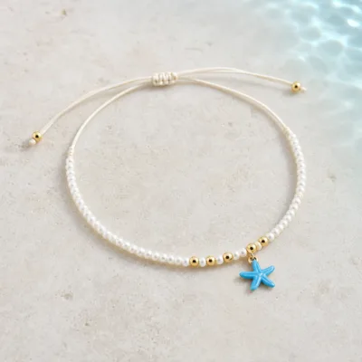 Tornozeleira de Pérolas com Estrela-do-Mar — 5 Cores — E — Azul