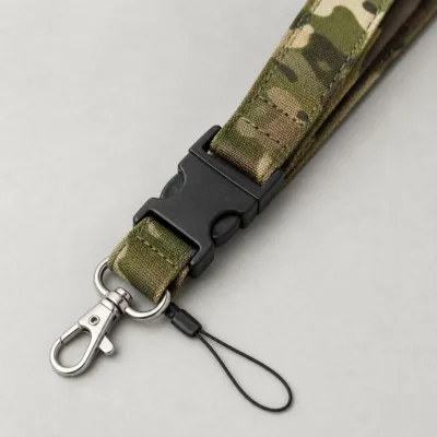 Detalhe do fecho, gancho e tecido camuflado verde militar