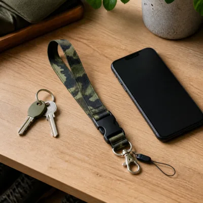 Fita de pulso camuflada verde militar junto de chaves e telemóvel