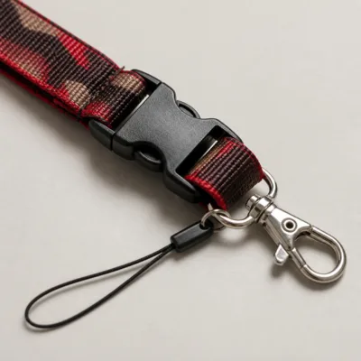 Detalhe do fecho, gancho e tecido camuflado vermelho e castanho