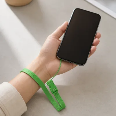 Fita de pulso verde presa a um telemóvel compatível