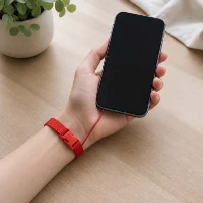 Fita de pulso vermelha presa a um telemóvel compatível