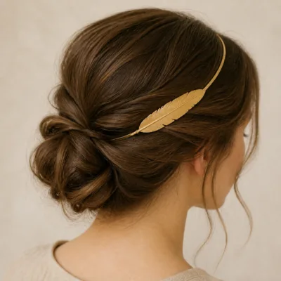 Bandolete dourada com pena aplicada num penteado preso