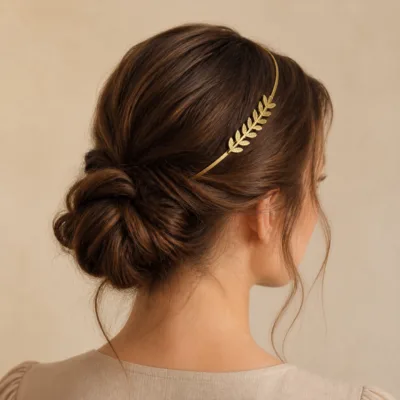 Bandolete dourada com ramo de folhas num penteado preso
