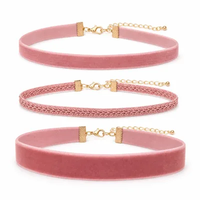 Conjunto de 3 gargantilhas de veludo rosa