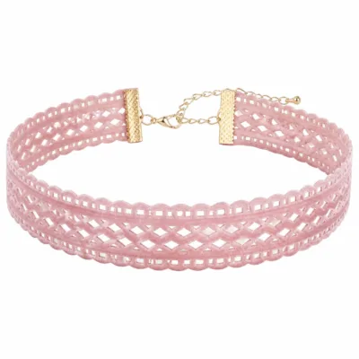 Gargantilha larga de veludo rendilhado rosa