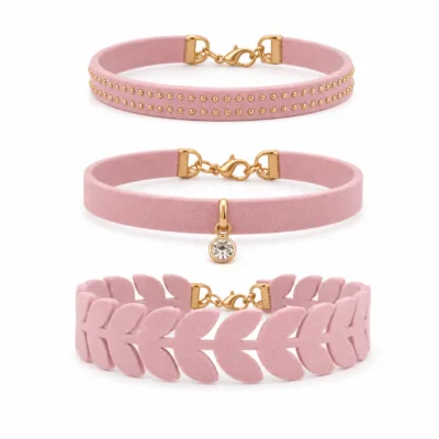 Conjunto de 3 pulseiras de veludo rosa