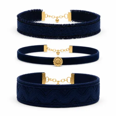 Conjunto de 3 pulseiras de tecido bordado azul