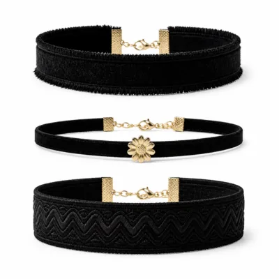 Conjunto de 3 pulseiras de tecido bordado preto