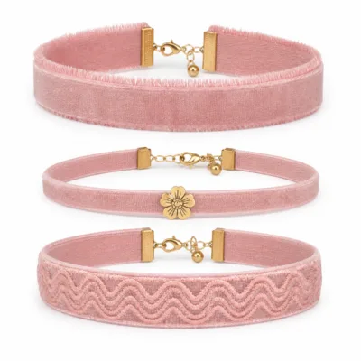 Conjunto de 3 pulseiras de tecido bordado rosa