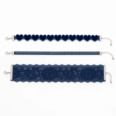 Conjunto de 3 pulseiras de veludo e renda azul