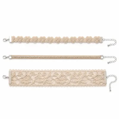 Conjunto de 3 pulseiras de veludo e renda bege
