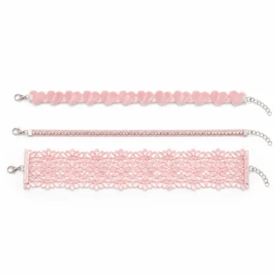 Conjunto de 3 pulseiras de veludo e renda rosa