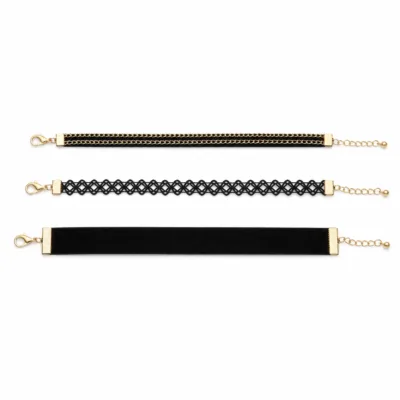Conjunto de 3 pulseiras de veludo e renda preto