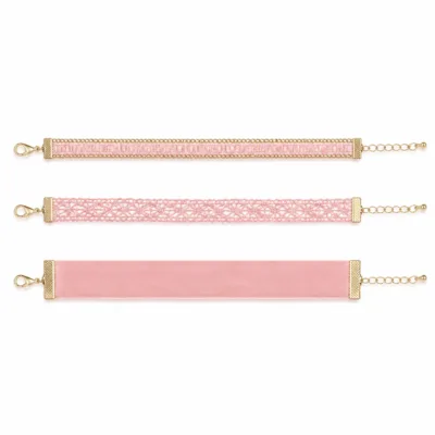 Conjunto de 3 pulseiras de veludo e renda rosa