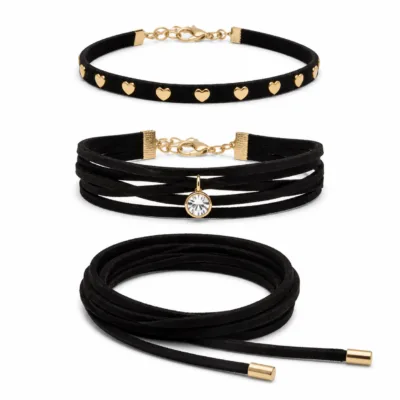 Conjunto de 3 pulseiras com corações preto