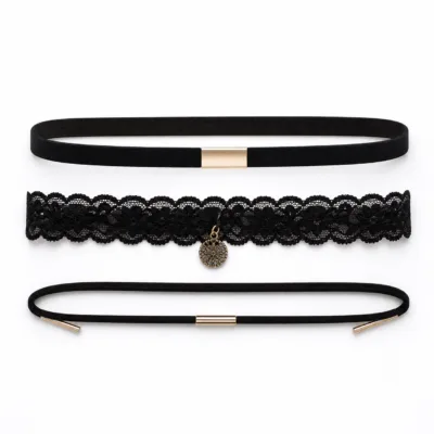 Conjunto de 3 pulseiras de veludo e renda preto